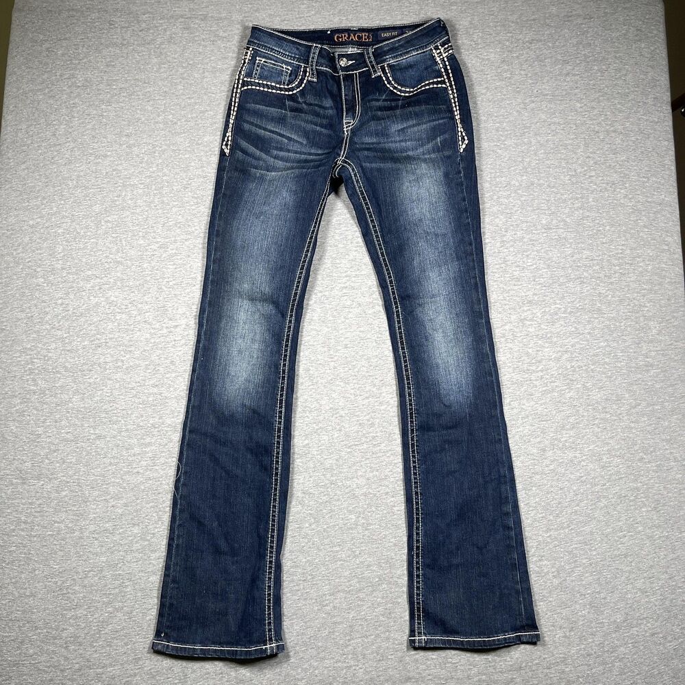 Grace In LA Jeans Womens 27 Blue Bootcut Mid Rise Stretch Embroidered Easy Fit